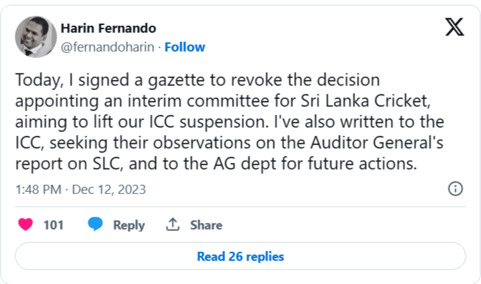 ක්‍රිකට් අතුරු කමිටුව ගැන ක්‍රීඩා අමාත්‍යවරයාගෙන් තීරණයක්-Decision from Sports Minister about Interim Cricket Committee