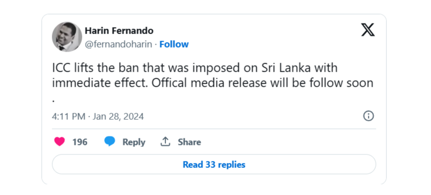 ICCය ශ්‍රි ලංකාවට පැනවූ ක්‍රිකට් තහනම ඉවතට!-ICC lifts ban on Sri Lanka cricket.