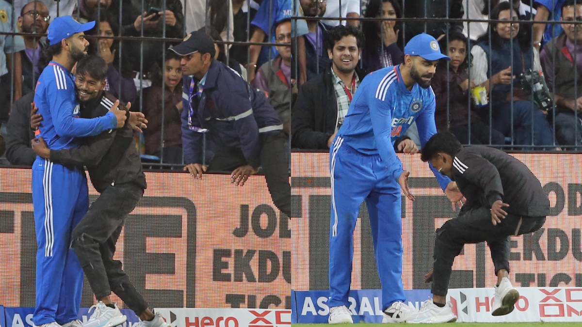 කෝලිගේ දෙපා වැද සිපගත් ඉන්දීය ප්‍රේක්ෂකයා පොලිස් කූඩුවේ- Police detain pitch invader for hugging and touching Virat Kohli's feet during IND vs AFG 2nd T20I