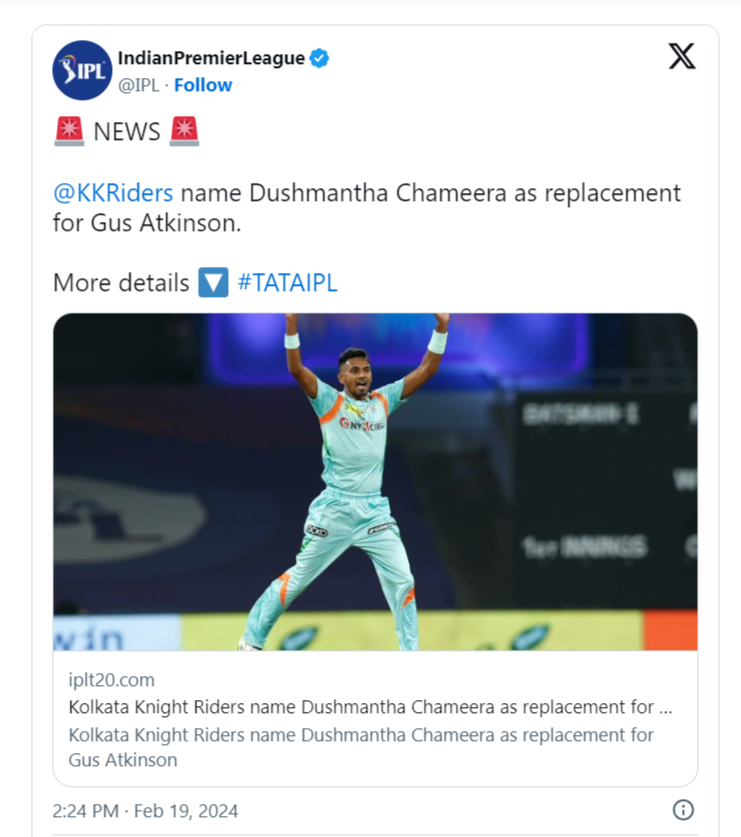 දුශ්මන්ත චමීර Kolkata Knight Riders සමග එක්වේ- Dushmantha Chamira joins Kolkata Knight Riders