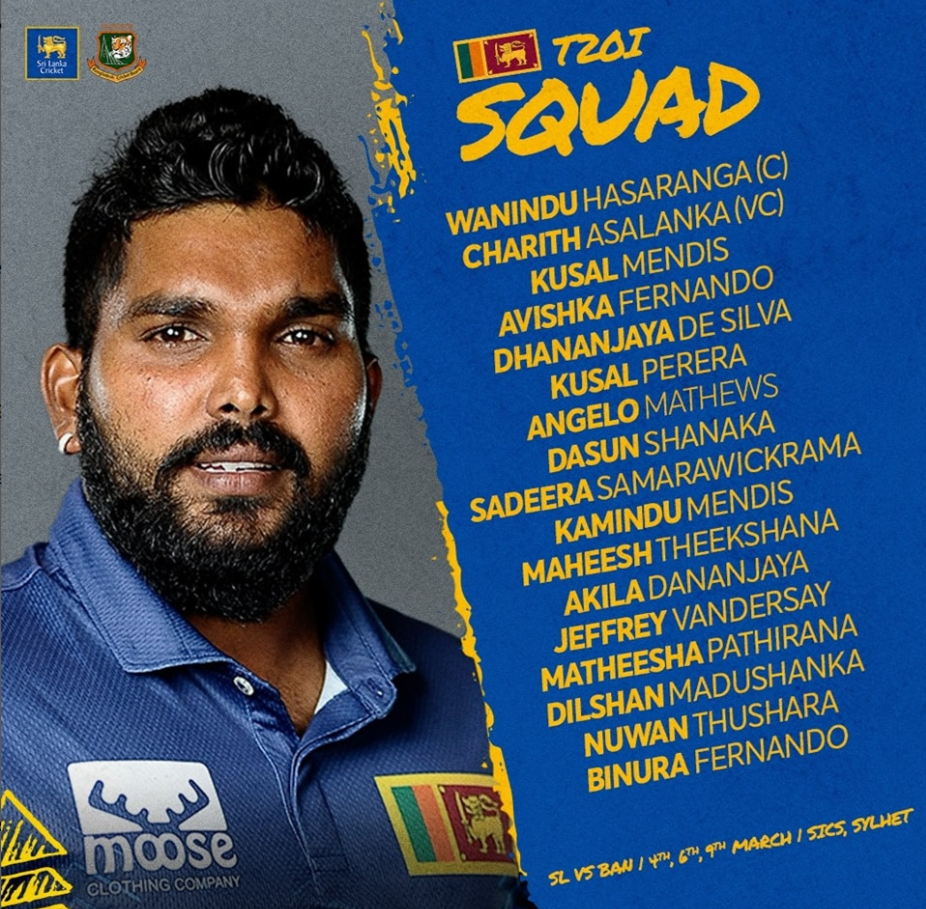 බංග්ලාදේශය සමඟ T20 තරගාවලියට ශ්‍රී ලංකා සංචිතය නම් කරයි-Sri Lanka squad named for T20 series with Bangladesh.