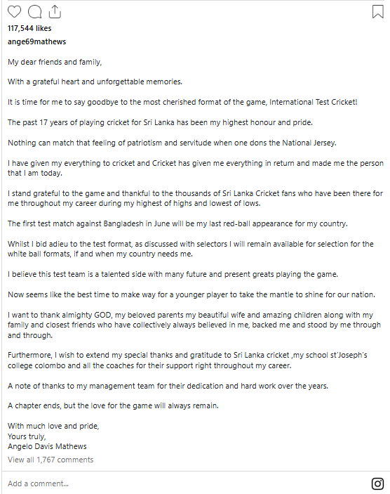 ඇන්ජි ටෙස්ට් පිටියට සමුදෙයි!-Time for me to say goodbye' - Angelo Mathews to retire from Test cricket